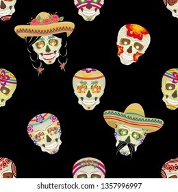 Seamless vector pattern. Sugar skull. Male Mexican black mustache with black hair gathered in pigtails. The day of the Dead. Calavera.