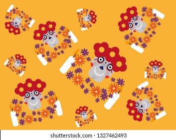 Seamless vector pattern with sugar skulls and flowers on orange background. Day of the dead sugar skull banner for mexican celebration, decoration with flowers and colorful art.