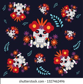 Seamless vector pattern with sugar skulls and flowers on dark background. Day of the dead sugar skull banner for mexican celebration, decoration with flowers and colorful art.