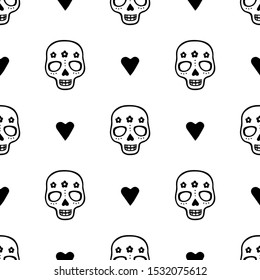Seamless vector pattern with sugar skulls and hearts on white background. Dia de Muertos, Mexican Dead Day pattern for decoration, fest invitations, fabric, textile, print, gift wrapping paper