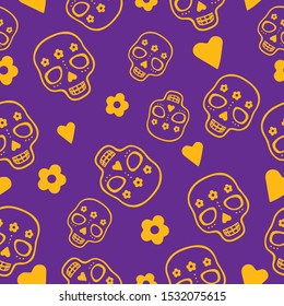 Seamless vector pattern with sugar skulls, flowers, hearts on purle background. Dia de Muertos, Mexican Dead Day pattern for decoration, fest invitations, fabric, textile, print, gift wrapping paper