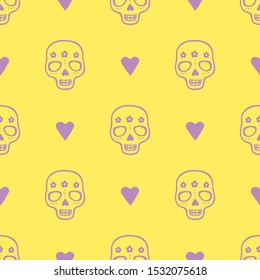 Seamless vector pattern with sugar skulls and hearts on yellow background. Dia de Muertos, Mexican Dead Day pattern for decoration, fest invitations, fabric, textile, print, gift wrapping paper