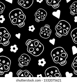 Seamless vector pattern with sugar skulls, flowers, hearts on black background. Dia de Muertos, Mexican Dead Day pattern for decoration, fest invitations, fabric, textile, print, gift wrapping paper