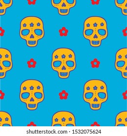 Seamless vector pattern with sugar skulls and flowers on orange background. Dia de Muertos, Mexican Dead Day pattern for decoration, fest invitations, fabric, textile, print, gift wrapping paper