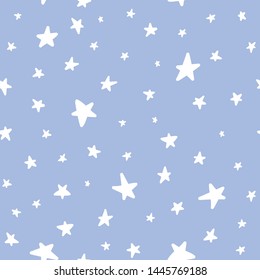 Seamless vector pattern. Suitable for textile, print, decoration, clothes. Stars on blue sky. Good night dreams. Pajamas design style. Children and kids decor. Sweet night wallpapers.
