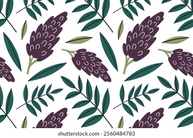 Seamless vector pattern with sumac branches, leaves illustrations in flat cartoon style. Botanical, culinary, and decorative design for fabric, wallpaper, or kitchen themed projects