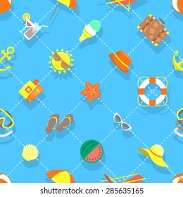 Seamless vector pattern for the summer background with beach objects in flat style. Sea relax icons scattered on a blue backdrop. Book cover, printing on fabric, wallpaper design
