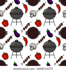 Padrão de vetor contínuo de um churrasco de verão com legumes e espetinhos de carne, perfeito para blogs de comida, menus de restaurantes ou projetos com tema de verão.