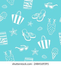 Nahtlose Vektorgrafik Muster von Sommer Strand Elemente. Bunte Flip-Flops, Tragetasche, Eis, Sonnenbrille, Badebekleidung und Muscheln auf blauem Hintergrund