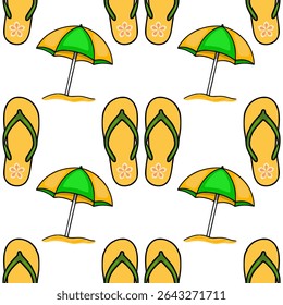 Seamless vector pattern of summer beach flip-flops and beach umbrellas in vibrant yellow and green colors, creating a cheerful and playful design perfect for textile prints or summer-themed backgro...