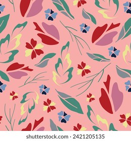 Patrón vectorial sin foco con pradera floral de verano sobre fondo rosado. Diseño de fondo de pared con motivos florales y románticos. Moda textil decorativa botánica.