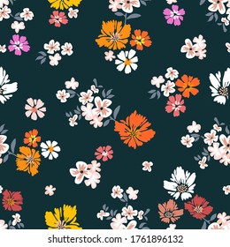 Seamless vector pattern with summer flowers on dark background. Vintage print with small inflorescences.  Retro textile collection.