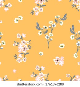 Seamless vector pattern with summer flowers on yellow background. Vintage print with small inflorescences.  Retro textile collection.