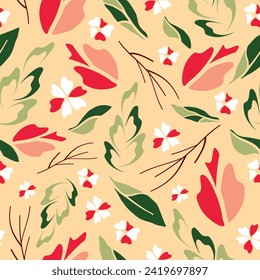Seamless vector pattern with summer flowers on yellow background. Busy floral wallpaper design. Decorative nature fashion textile.