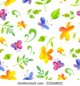 seamless vector pattern of summer hand painting watercolor flowers, leaves and butterflies