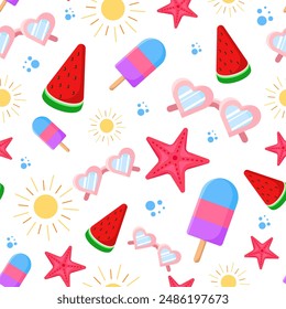 Seamless vector pattern of summer images on white background: ice cream, watermelon, sea, glasses, sun