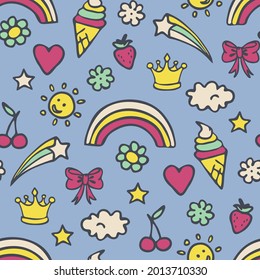 Nahtlose Vektorgrafik mit Sommeraufklebern auf blauem Hintergrund. Hübsches Partyhintergrunddesign. Dekorativer Cartoon-Badge-Modestoff.