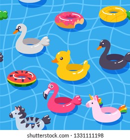 Seamless vector pattern summer swimming pool floats. Inflatable circle (rubber rings) in shape of duck, unicorn, white swan, black swan, zebra, pineapple, watermelon, donut, flamingo