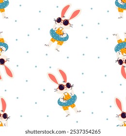 Seamless vector pattern with summer theme. Cute bunny in inflatable circle, sunglasses and swimsuit