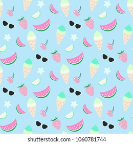 Seamless vector pattern with summer things including fruits, berries and sunglasses, perfect for wrapping paper, fabric prints, invitations, etc.
