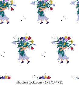 Seamless vector pattern сoncept of summer time. Young woman with a bouquet of flowers in her hands. Flat cartoon colorful vector illustration.