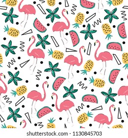Seamless vector pattern in summer tropical style. Flamingos, watermelon and pineapple.