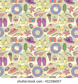 Seamless vector pattern with summer vacation items, beach symbols. Good for textile fabric design, wrapping paper and website wallpapers. Vector illustration.