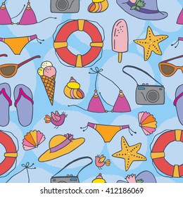 Seamless vector pattern with summer vacation items, beach symbols. Good for textile fabric design, wrapping paper and website wallpapers. Vector illustration.