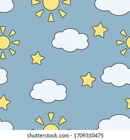 Seamless vector pattern with sun, clouds and stars on light blue background. Children illustration in simple cartoon style.