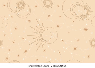 Patrón de Vector sin fisuras con sol, constelaciones, lunas y estrellas. Fondo esotérico místico, mágico para el diseño de la tela, embalaje, astrología, caja del teléfono, papel de envoltura, estera del yoga