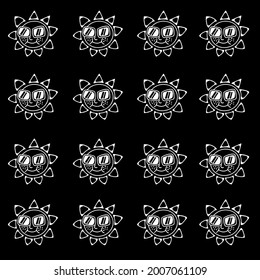 Seamless vector pattern sun in glasses. Design for wallpaper, wrapping paper, textile, fabric. Doodle outline hand drawn illustration on black background.