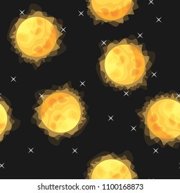 Seamless vector pattern with Sun on black background.  Flat cartoon collection of heavenly bodies. Design for web page backgrounds, fabric, wallpaper, textile and decor.