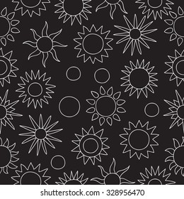 Seamless vector pattern of the sun on a black background, painted by hand.