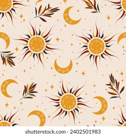 Seamless vector pattern with sun,  plants, stars, crescent. Boho pattern for astrology, textiles, wrapping paper, design.