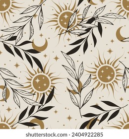 Seamless vector pattern with sun,  plants, stars, crescent. Boho pattern for astrology, textiles, wrapping paper, design.