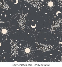 Seamless vector pattern with sun, plants, stars, crescent. Boho pattern for astrology, textiles, wrapping paper, design.