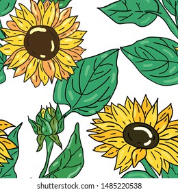 Seamless vector pattern with sunflower and green fresh leaves on white background. Wallpaper, fabric and textile design. Cute floral wrapping paper pattern with flower. Good for printing.