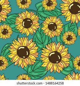 Seamless vector pattern with sunflower and green fresh leaves on blue background. Wallpaper, fabric and textile design. Cute floral wrapping paper pattern with flower. Good for printing.