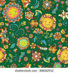 Seamless vector pattern with sunflowers and cute smiling flowers. Kids illustration, romantic background.