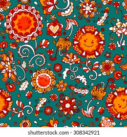 Seamless vector pattern with sunflowers and cute smiling flowers. Kids illustration, romantic background.