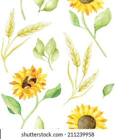 Seamless vector pattern with sunflowers, ears of wheat and green leaves. Great for summer or autumn themes. Vectorized watercolor painting.