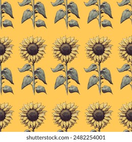 Seamless vector pattern of sunflowers on pale yellow background