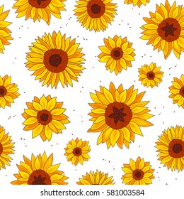 Seamless vector pattern of sunflowers on a white background. Wrapping paper. Summer print.