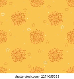 Seamless vector pattern with sunflowers and stars. Vintage summer texture. Fun design. Lineart floral background for wrapping paper, textile, fabric, wallpaper, gift, greeting card, packaging, apparel