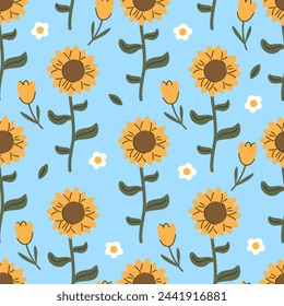 Seamless vector pattern with sunflowers, tulips and daisies. Blue background with yellow country flowers. Cottagecore texture for wallpaper, wrapping paper, bedding, textile design