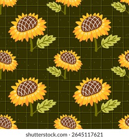 Seamless vector pattern with sunflowers with vibrant blooms and natural textures. Suitable for textiles, Cozy design for fabric, wallpaper, and seasonal wrapping.