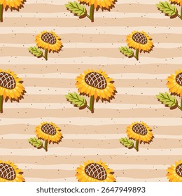 Seamless vector pattern with sunflowers in warm yellow and orange tones. Suitable for textiles, Cozy design for fabric, wallpaper, and seasonal wrapping.
