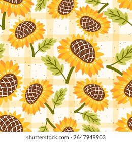 Seamless vector pattern with sunflowers in warm yellow and orange tones. Suitable for textiles, Cozy design for fabric, wallpaper, and seasonal wrapping.