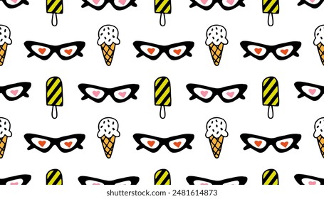 Seamless vector pattern with sunglasses and ice cream. Playful cute hand drawn summer background with colorful accents