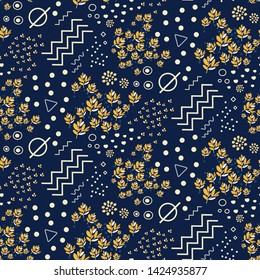 Patrón vectorial impecable con hojas amarillas soleadas, colores, diferentes formas geométricas sobre fondo azul oscuro. Impresión floral abstracta en colores vivos. Fondos de escritorio, plantilla de moda. Ilustración vectorial.